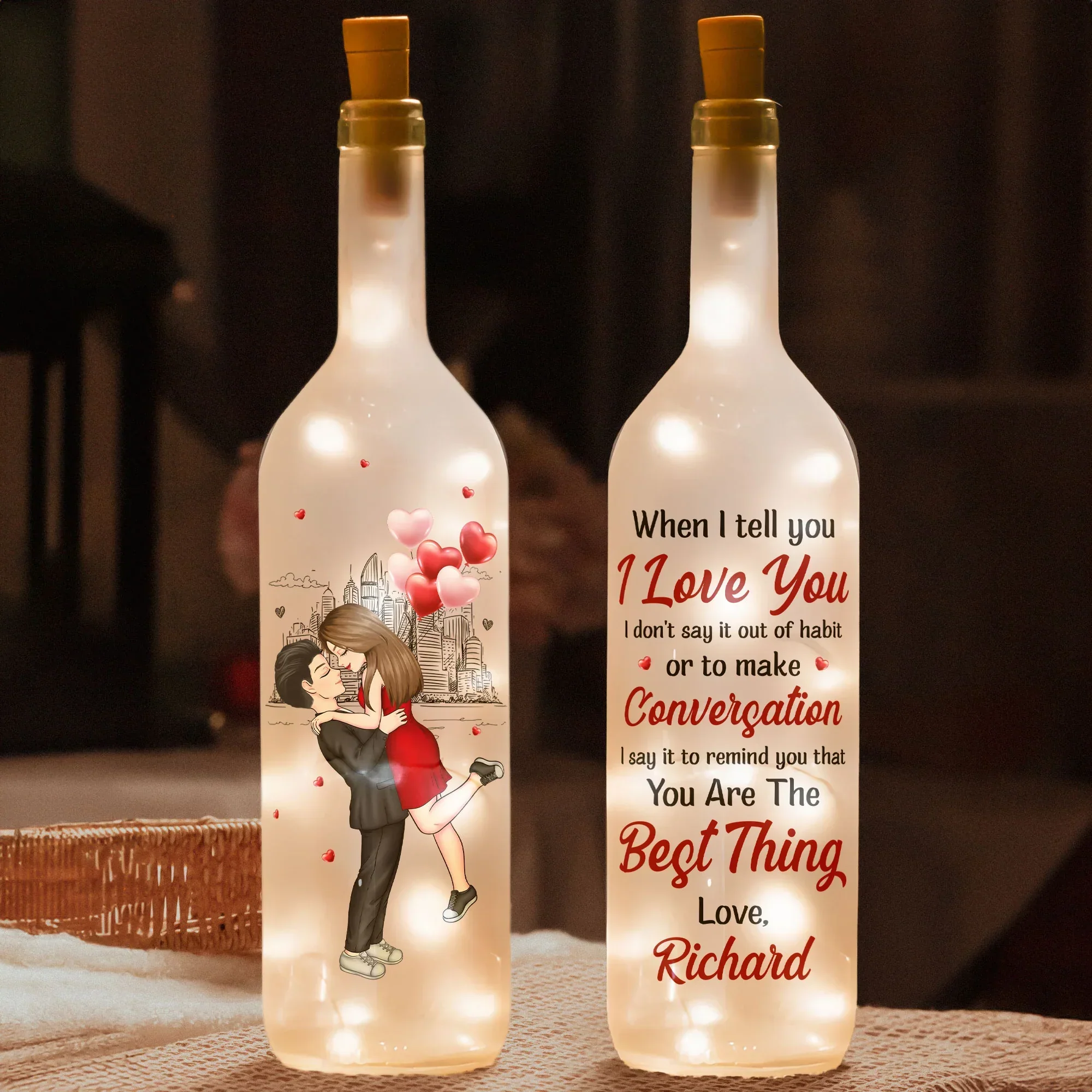 Personalized Bottle Lamp With Romantic Love Quote, Kissing Couple City Sketch, Warm Glow Bedroom Decor, Unique Gift for Her - Image 4