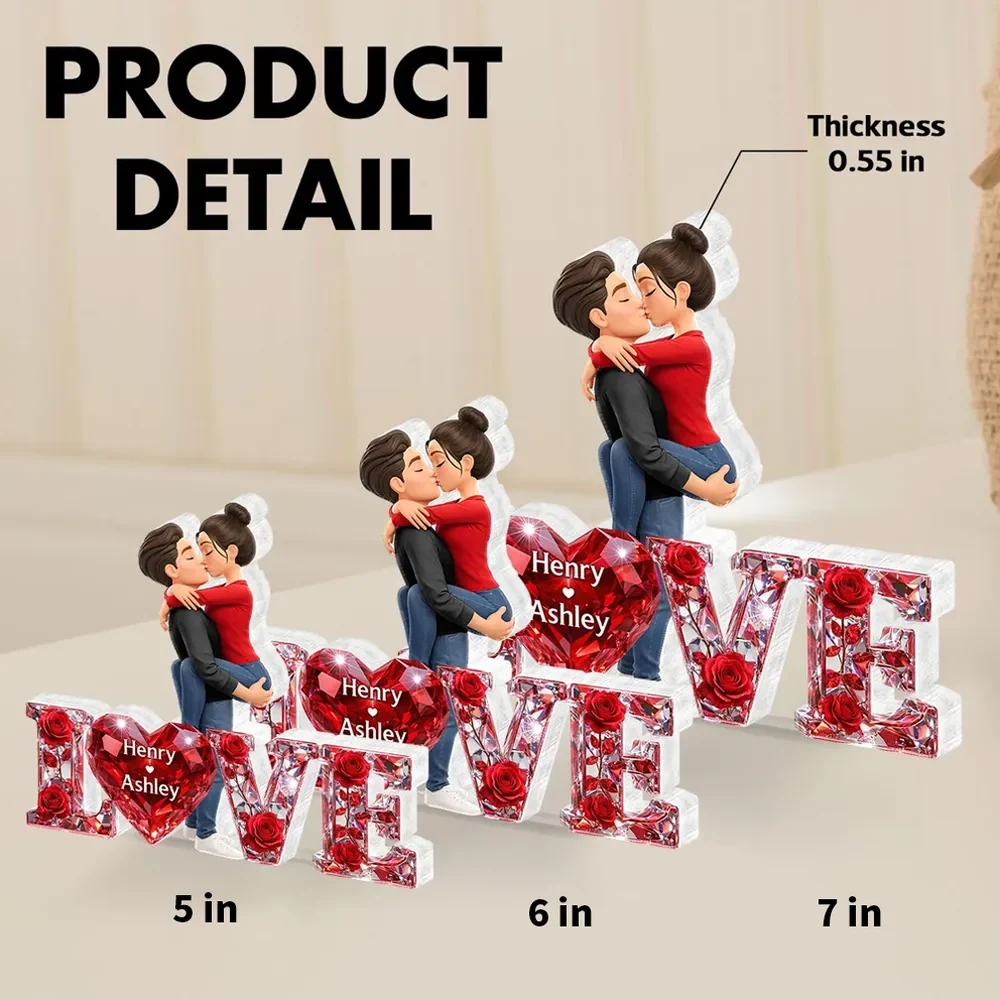 Personalized Shaped Acrylic Block Plaque Kissing Couple with LOVE Heart Roses Romantic Shelf Decor Unique Gift - Image 4