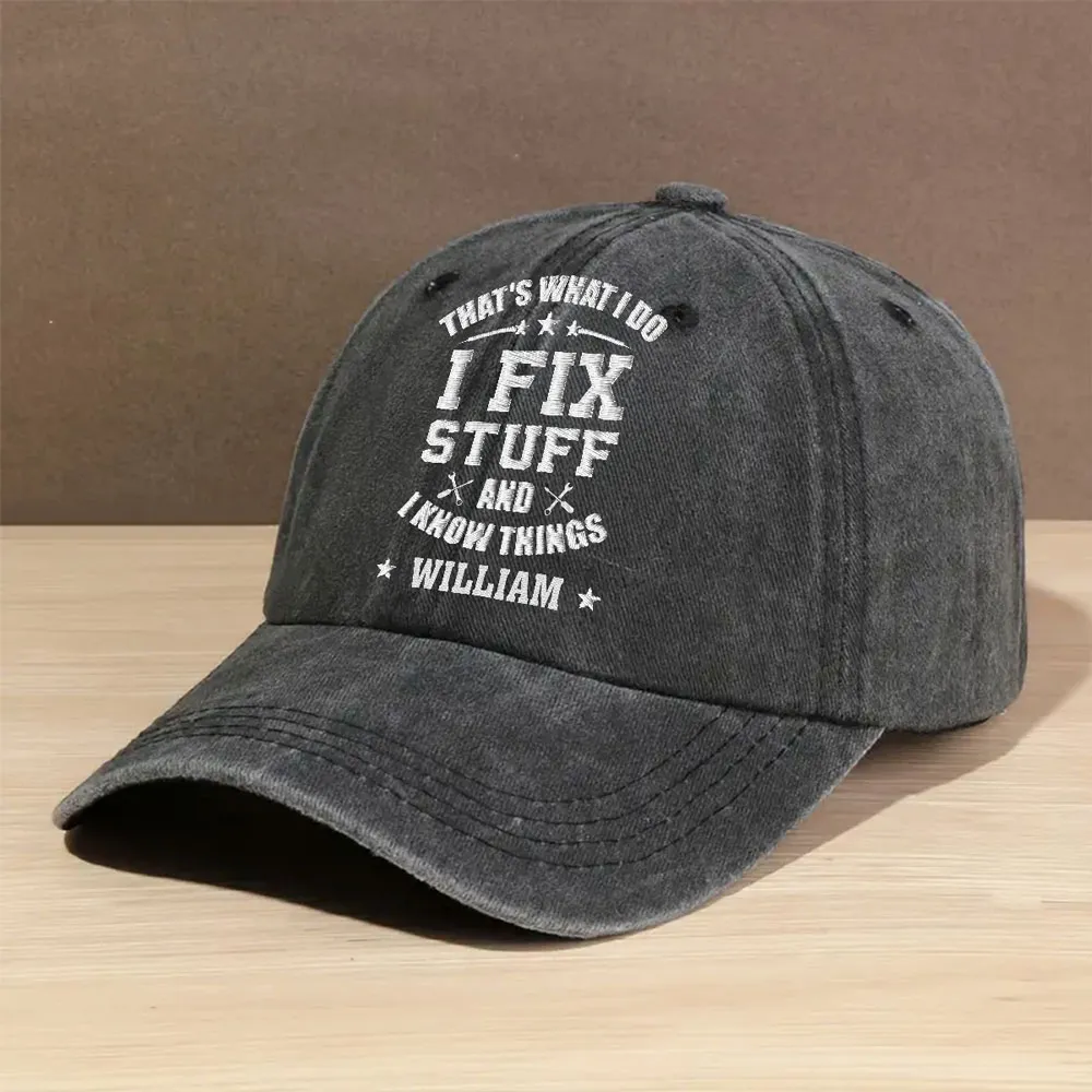 Personalized Washed Denim Baseball Cap with Funny Fix Stuff Quote, Vintage Look Everyday Hat, Unique Gift for Dad - Image 2