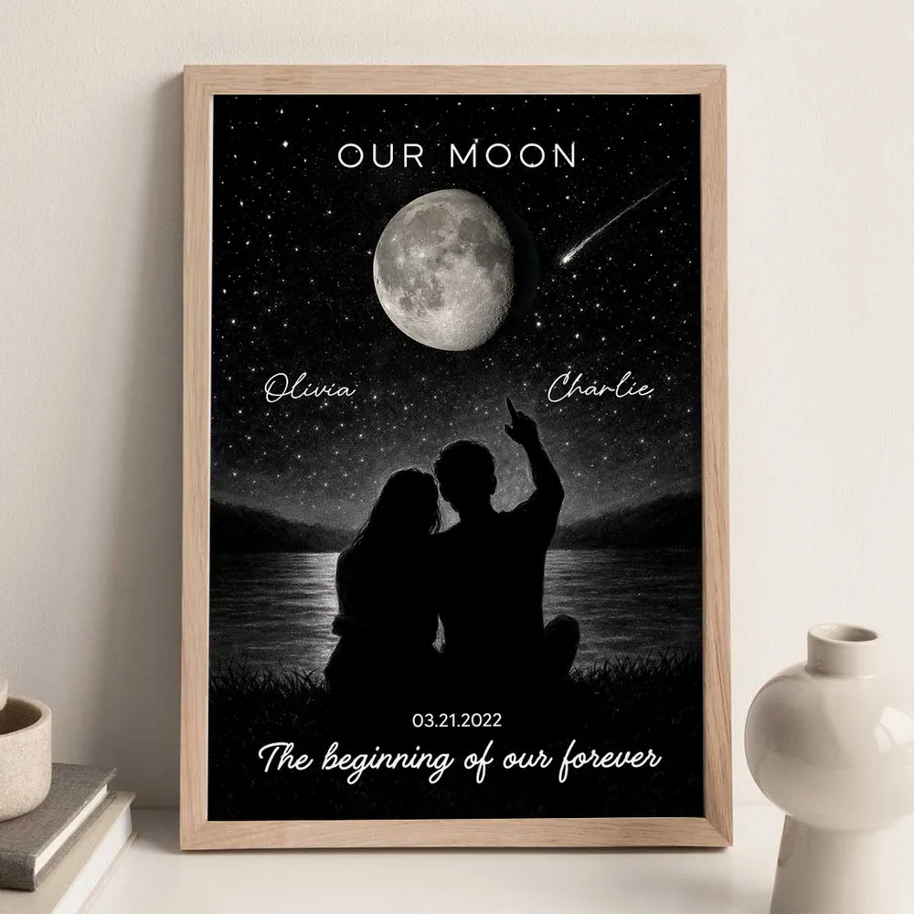 Personalized Moon Night Sky Couple Poster, Romantic Lakeside Silhouette Wall Art, Unique Gift For Couple - Image 5