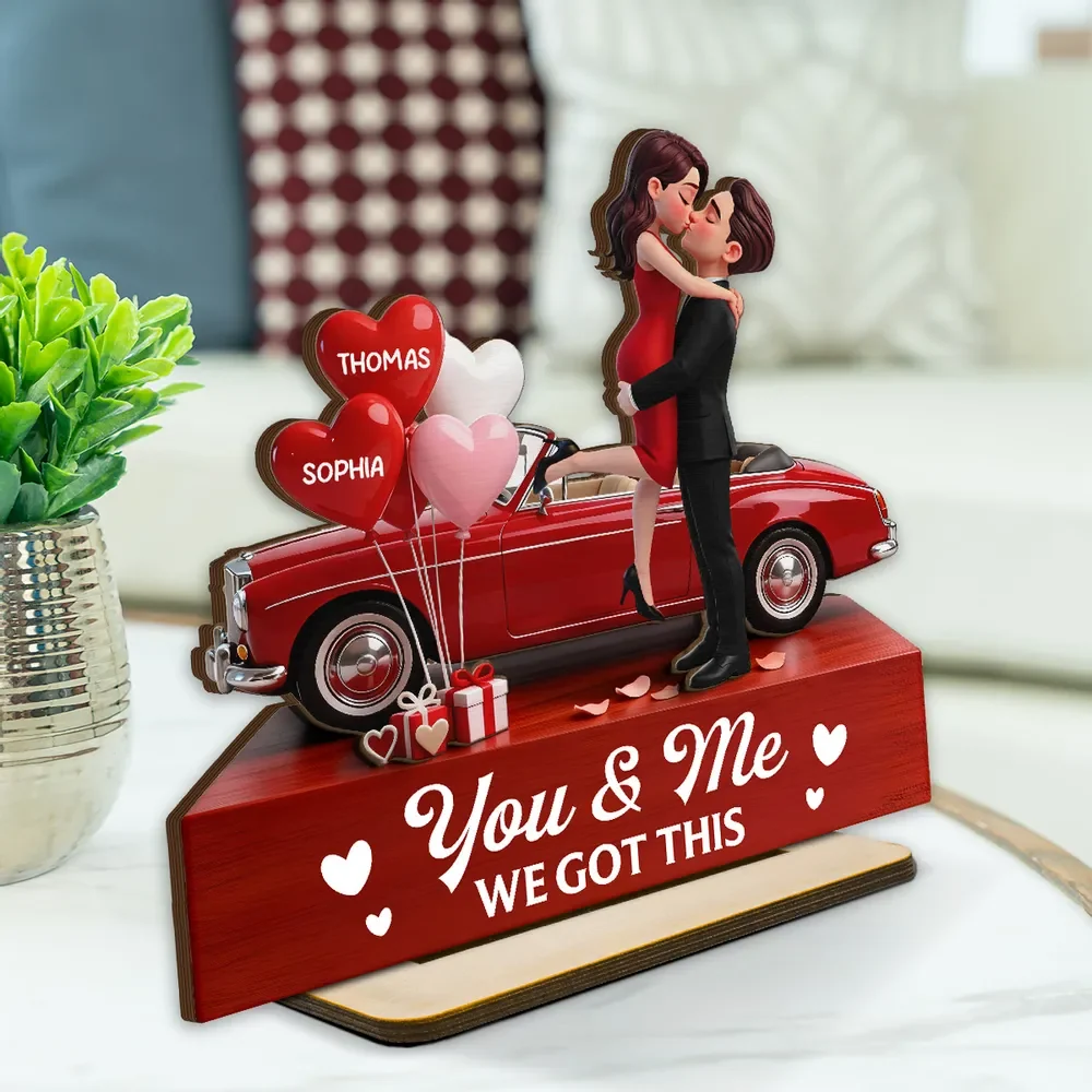 Personalized 2-Layer Wooden Plaque Couple Hugging by a Red Car, You & Me We Got This, Unique Valentine's Day Gift - Image 2