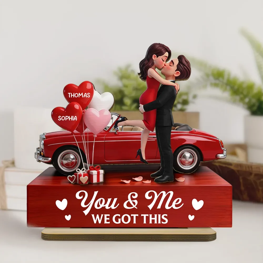 Personalized 2-Layer Wooden Plaque Couple Hugging by a Red Car, You & Me We Got This, Unique Valentine's Day Gift - Image 3