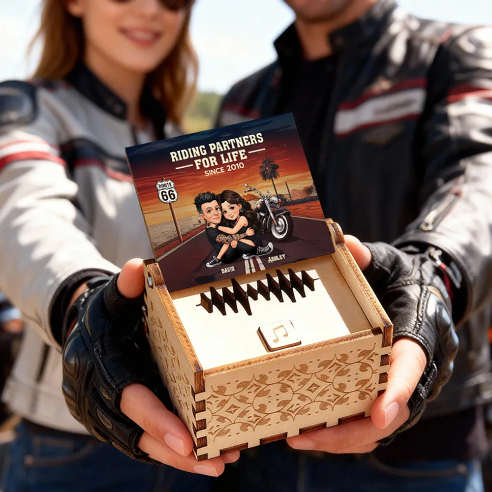 Personalized Wooden Music Box, Riding Partners For Life Couple Hugging by Motorcycle Sunset, Unique Gift for Husband or Wife - Image 9