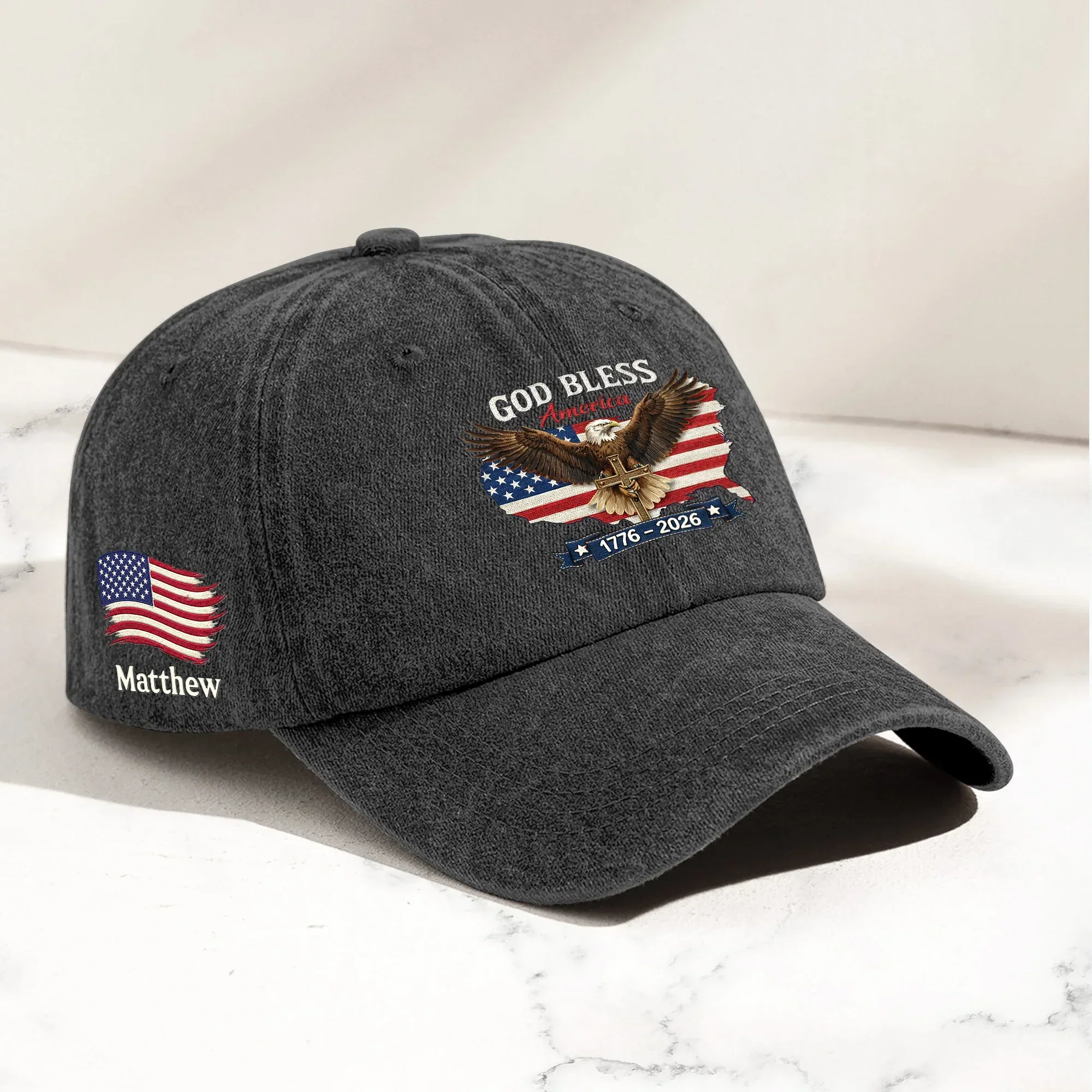 Personalized Washed Denim Baseball Cap, God Bless America Eagle Flag Design, Vintage Look Everyday Wear, Unique Gift - Image 3
