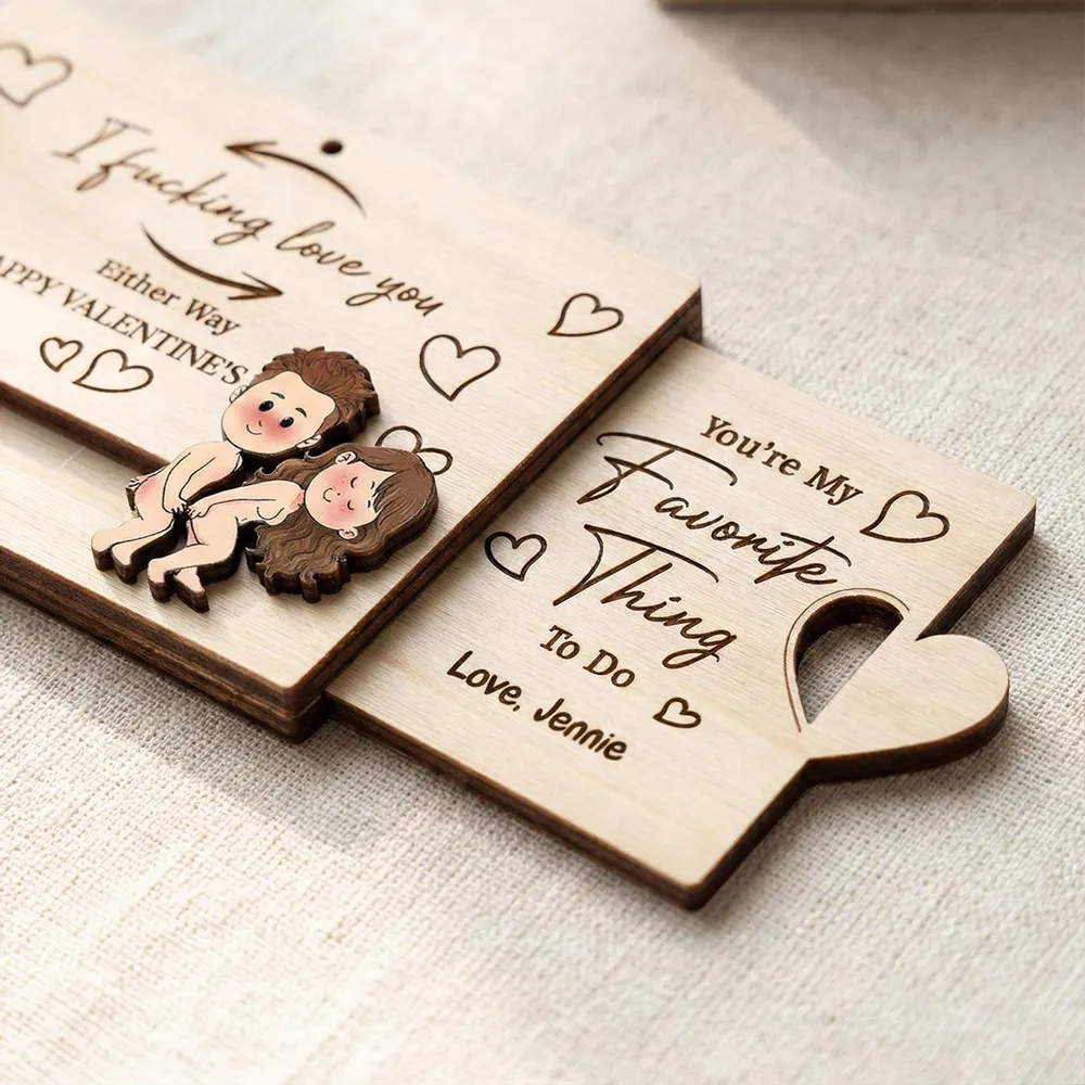 Personalized Wooden Sliding Ornament Funny Couple Cartoon Valentine's Gift for Him or Her - I fucking love you - Image 2