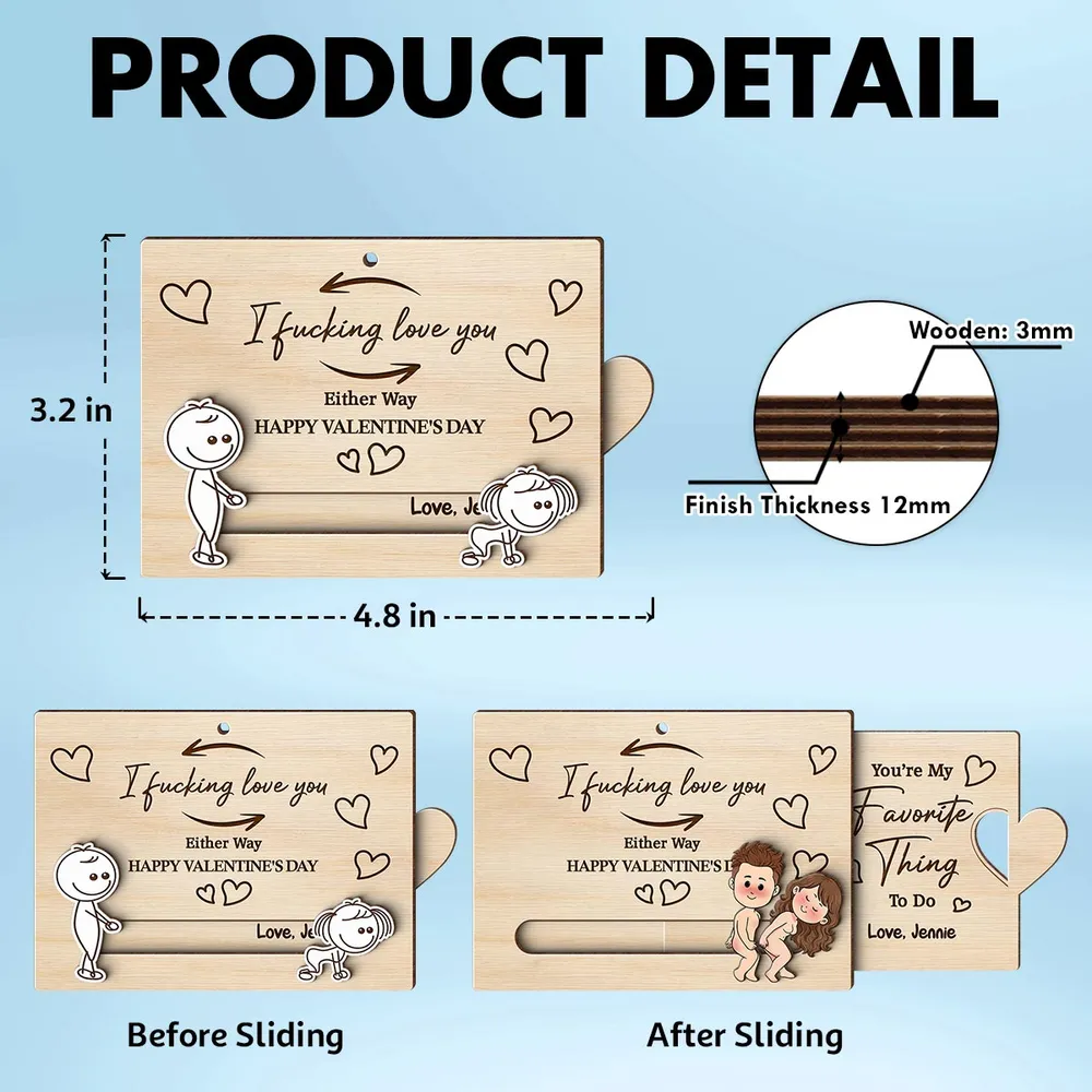 Personalized Wooden Sliding Ornament Funny Couple Cartoon Valentine's Gift for Him or Her - I fucking love you - Image 4
