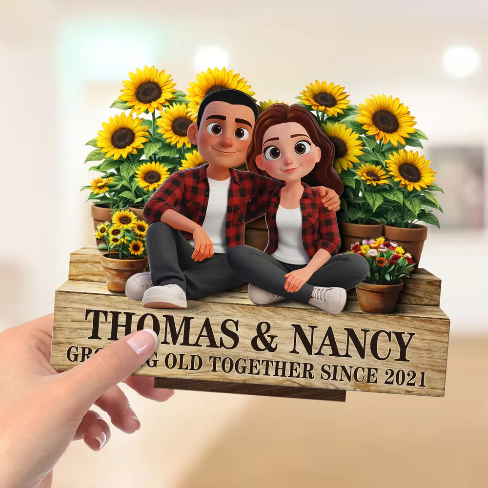 Growing Old Together Since 2-Layer Wooden Plaque with Cozy Couple and Sunflowers Unique Anniversary Gift for Him or Her - Image 2