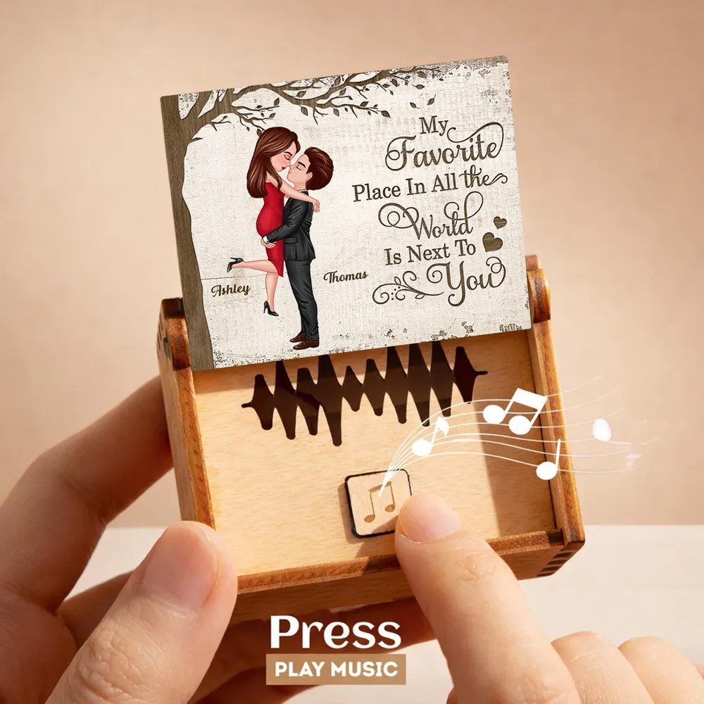 Personalized Wooden Music Box with Kissing Couple and 'My Favorite Place Is Next to You' - Unique Romantic Gift - Image 3