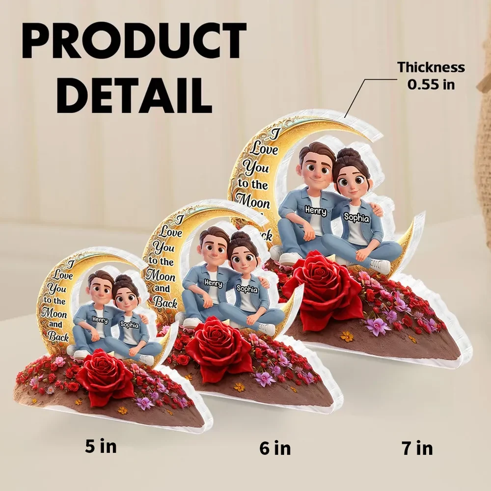 Personalized Shaped Acrylic Block Plaque Moon & Rose Couple Sitting by the Sea Unique Romantic Gift for Him or Her - Image 4