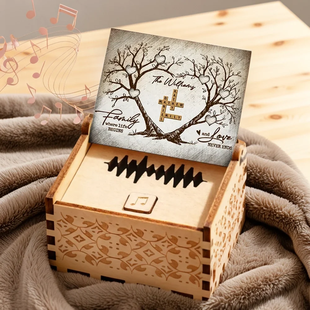 Personalized Wooden Music Box with Heart Tree Crossword Design for Family Keepsake, Unique Gift for Mom Dad Couple