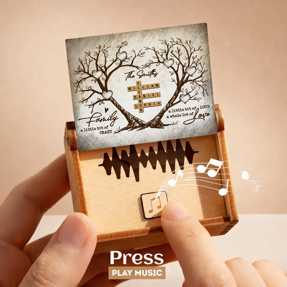 Personalized Wooden Music Box with Heart Tree Crossword Design for Family Keepsake, Unique Gift for Mom Dad Couple - Image 2