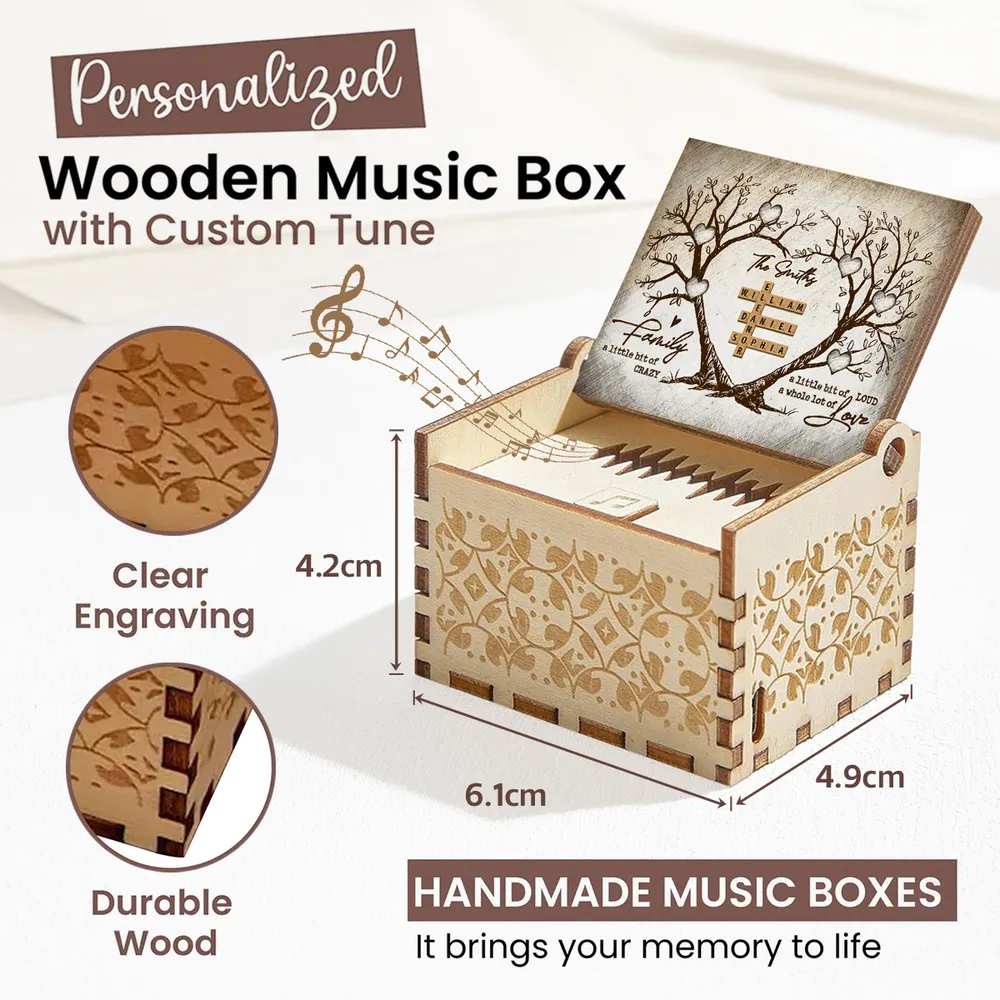 Personalized Wooden Music Box with Heart Tree Crossword Design for Family Keepsake, Unique Gift for Mom Dad Couple - Image 4