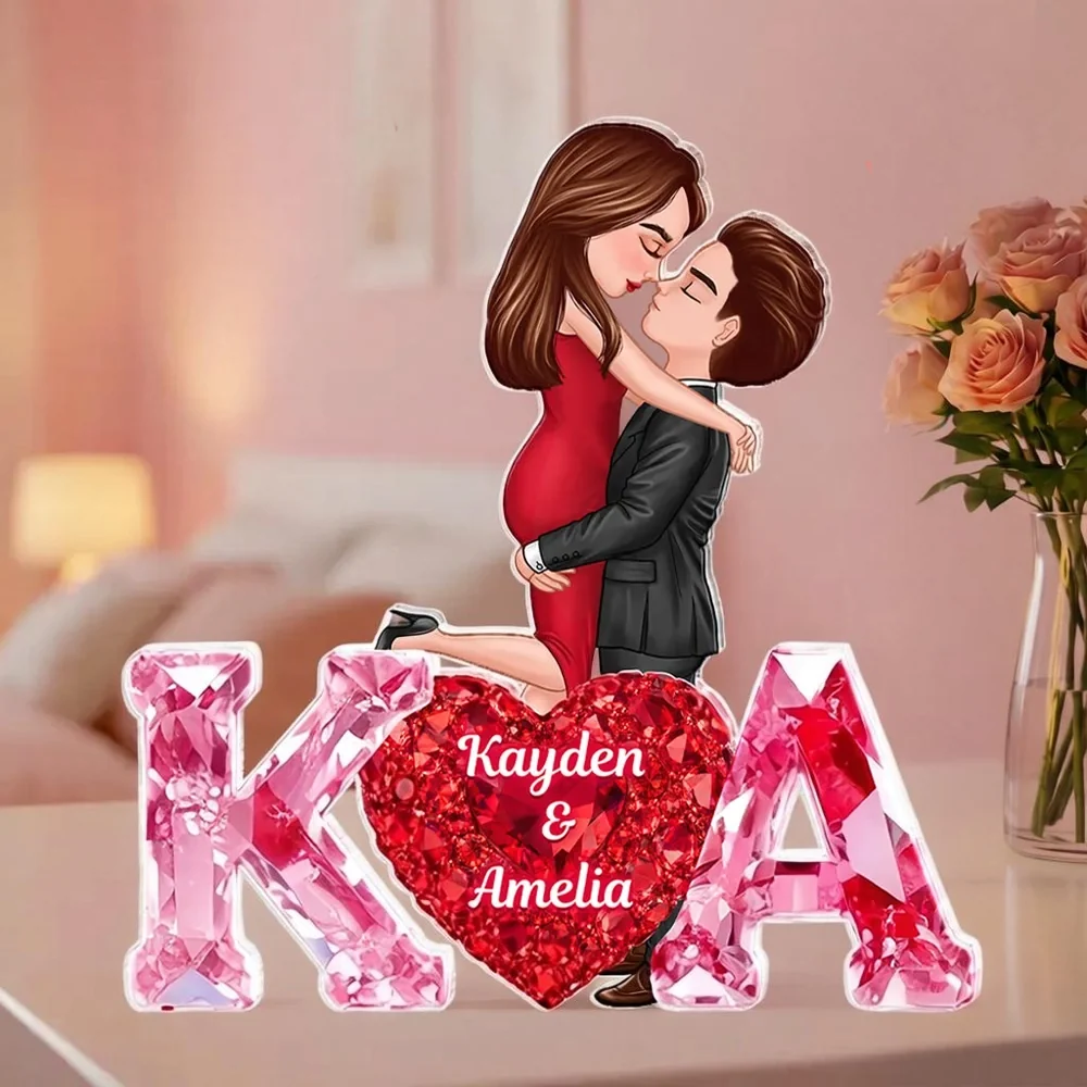 Personalized Shaped Acrylic Block Plaque With Couple Kissing Above Heart Initials, Unique Romantic Gift for Her or Him