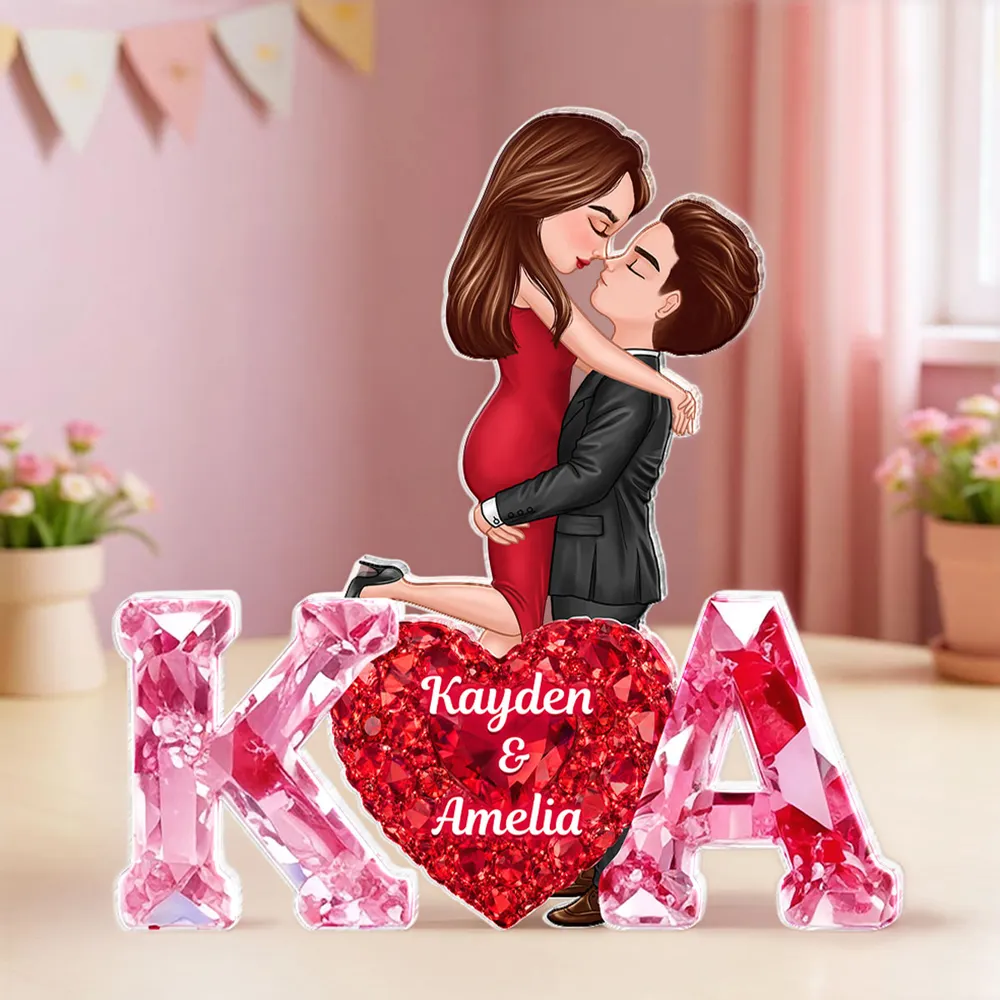Personalized Shaped Acrylic Block Plaque With Couple Kissing Above Heart Initials, Unique Romantic Gift for Her or Him - Image 2