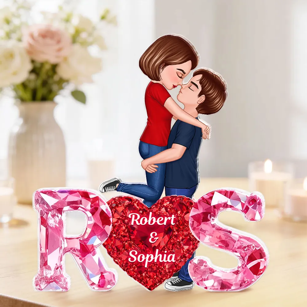 Personalized Shaped Acrylic Block Plaque With Couple Kissing Above Heart Initials, Unique Romantic Gift for Her or Him - Image 5