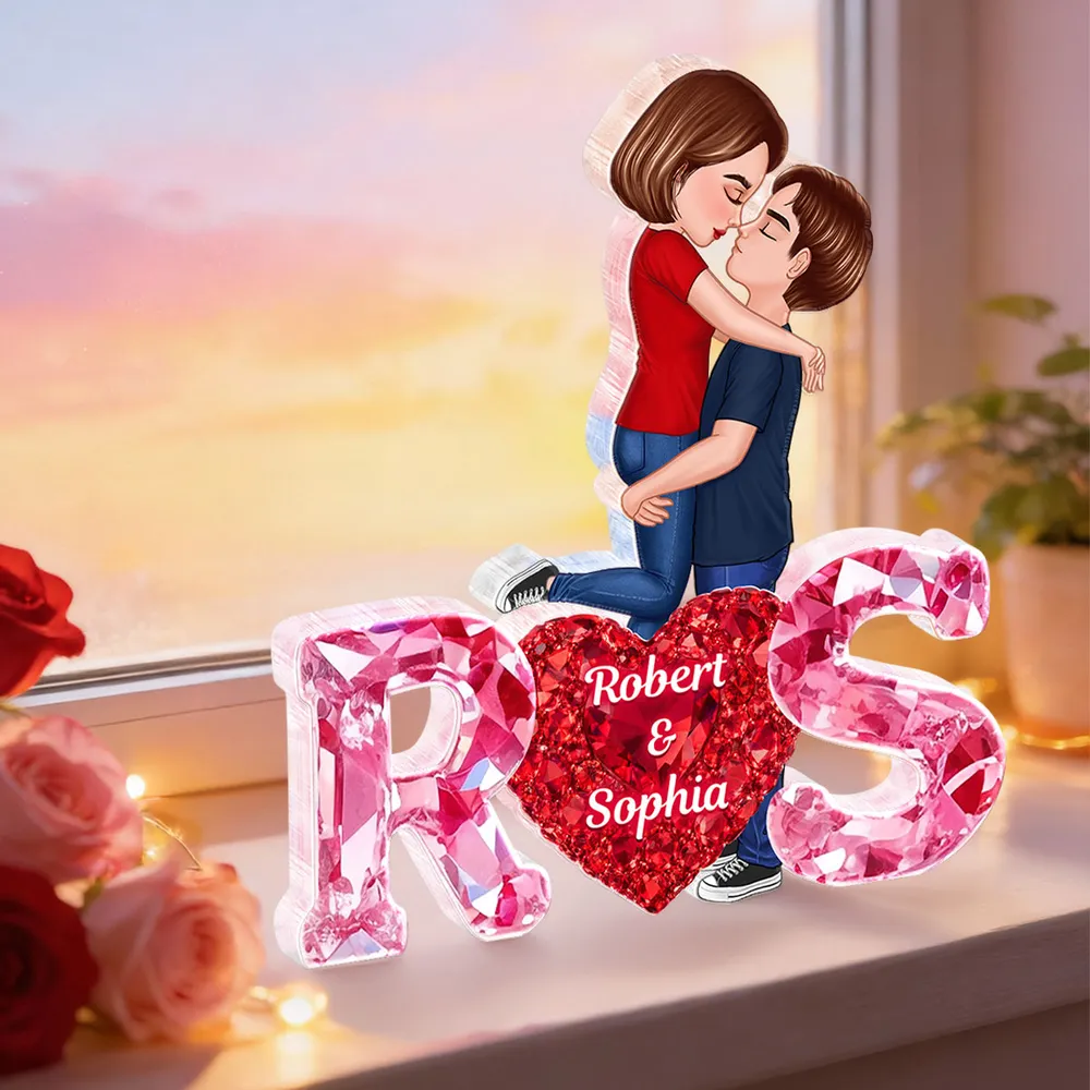 Personalized Shaped Acrylic Block Plaque With Couple Kissing Above Heart Initials, Unique Romantic Gift for Her or Him - Image 7