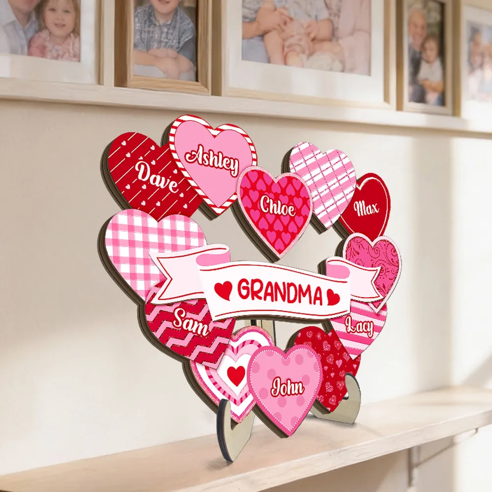 2-Layer Wooden Plaque with Pink Heart Bouquet and Grandma Banner, Personalized Grandkids Names, Heartfelt Gift - Image 6