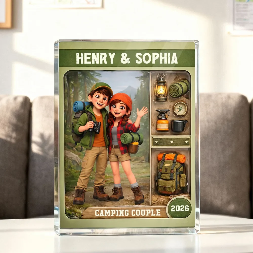 Personalized Camping Couple Rectangle Acrylic Block Plaque, Cute Cartoon Hikers Desk Decor, Unique Gift for Couples - Image 3