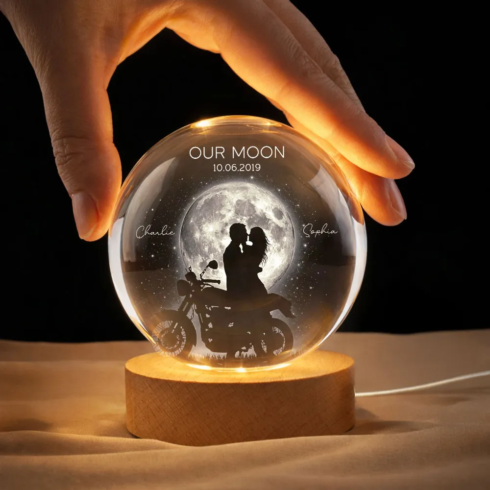 Personalized Globe Lamp with Kissing Biker Couple in Moonlight, Unique Romantic Gift for Him or Her - Image 2