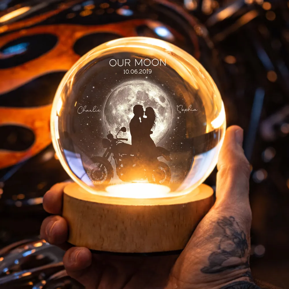 Personalized Globe Lamp with Kissing Biker Couple in Moonlight, Unique Romantic Gift for Him or Her - Image 3