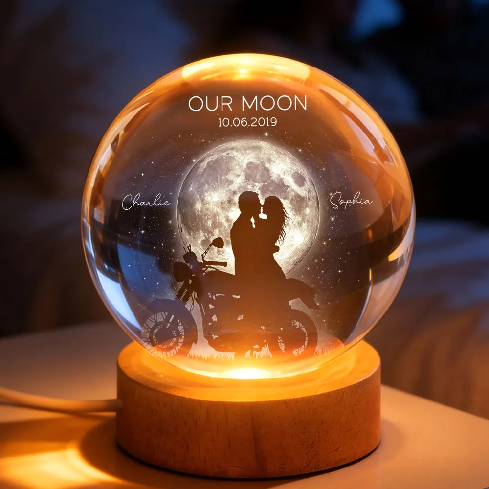 Personalized Globe Lamp with Kissing Biker Couple in Moonlight, Unique Romantic Gift for Him or Her - Image 8