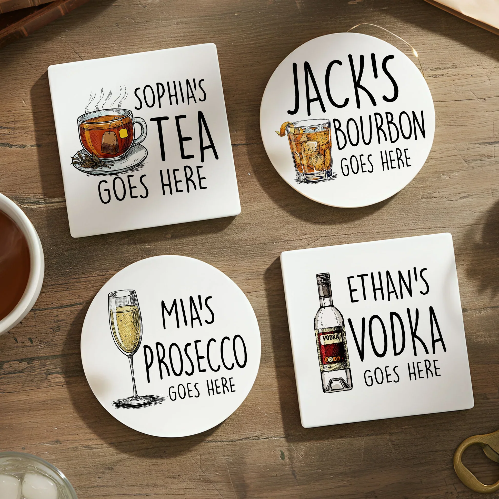 Personalized Round Ceramic Coaster with Custom Drink Text and Cocktail Illustration, Funny Bar Cart Decor, Unique Gift for Him or Her