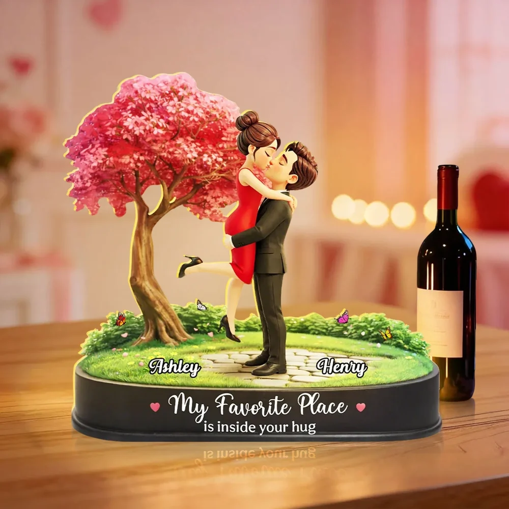 Personalized Acrylic Light Box Kissing Couple Under Pink Tree Night Sky, Warm Glow Unique Romantic Gift for Her or Him