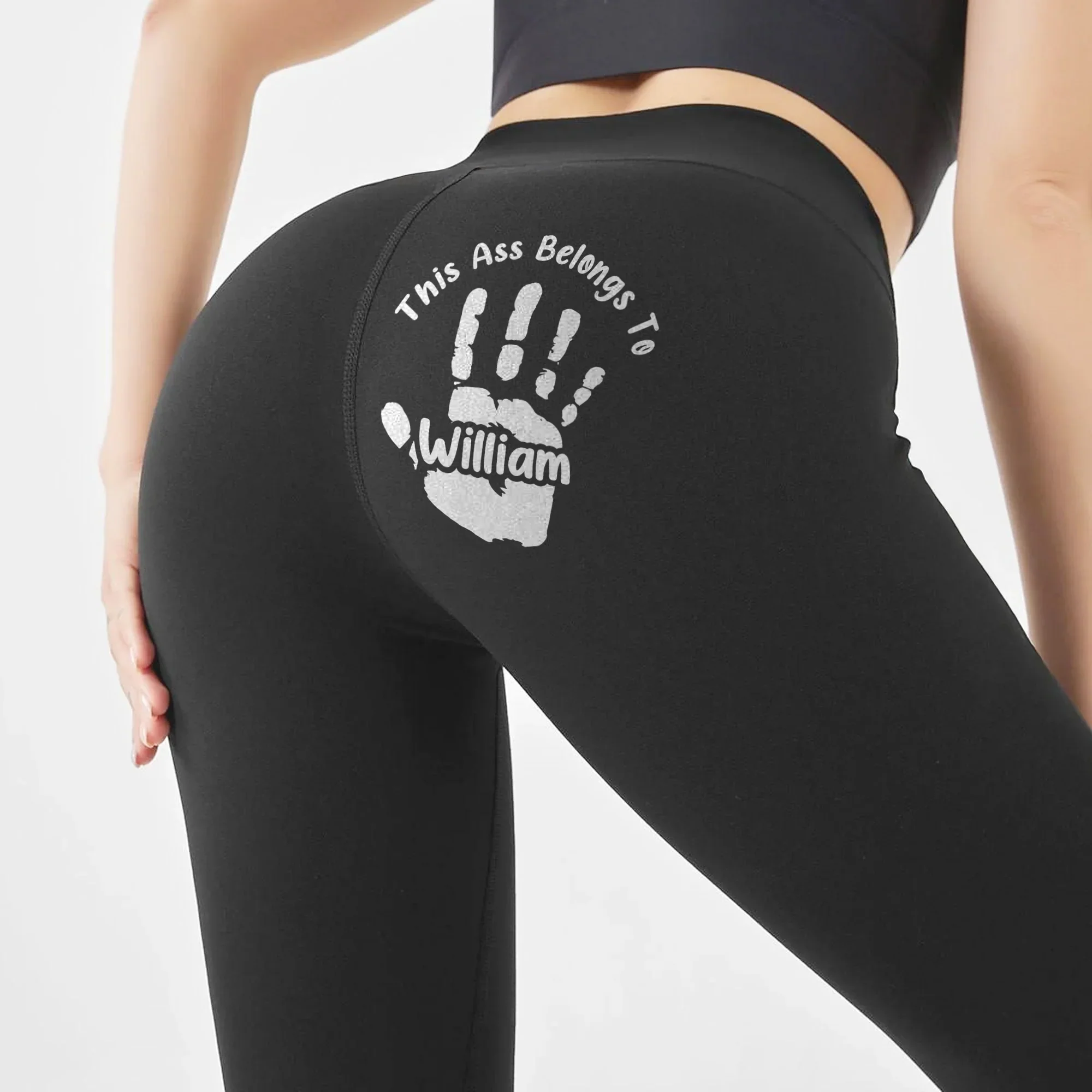 Women's Leggings With Playful 'This Ass Belongs To' Handprint, Personalized Funny Couple Gift - Image 4