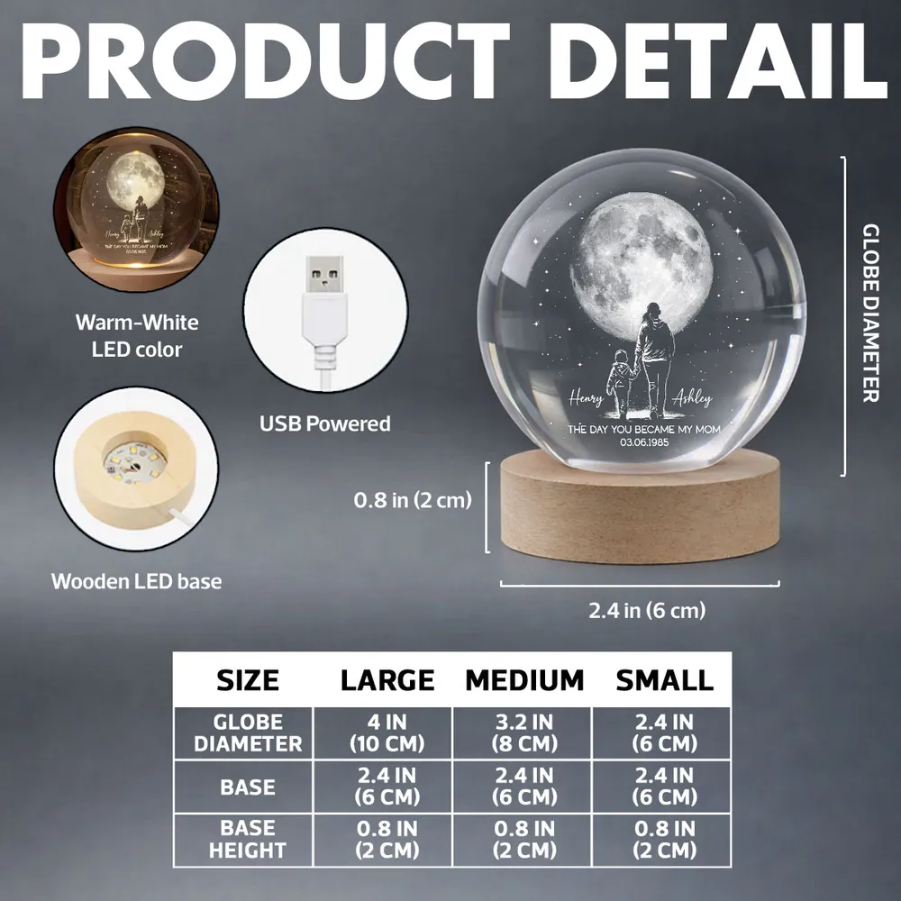 The Day You Became My Mom Personalized Globe Lamp, Mom and Child Under the Moon Night Light, Meaningful Gift - Image 7