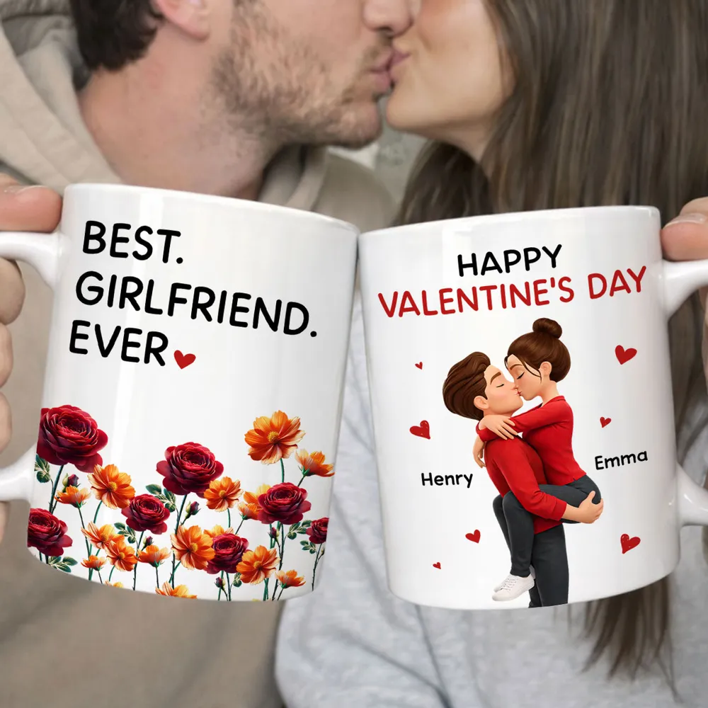 Personalized Valentine's Day Couple Kissing White Ceramic Mug with Birth Flowers, Cute Romantic Gift for Girlfriend or Boyfriend - Image 3