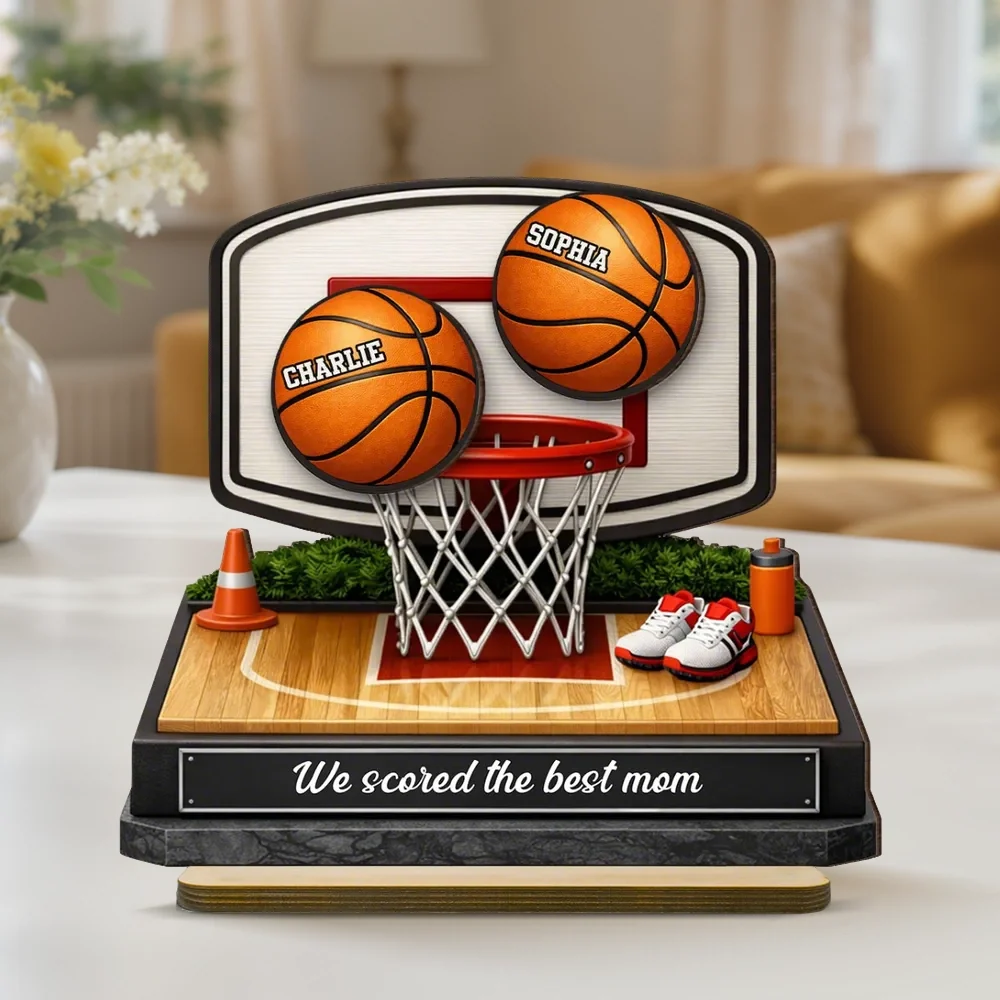 Personalized 2-Layer Wooden Plaque Basketball Hoop Scene for Mom, We Scored the Best Mom, Unique Sports Mom Gift