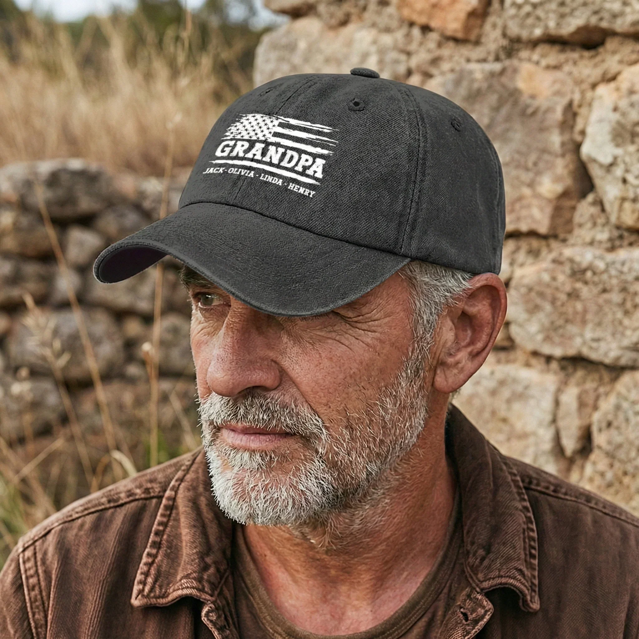 Personalized Washed Denim Baseball Cap with Distressed USA Flag Grandpa Design, Unique Father's Day Gift - Image 3