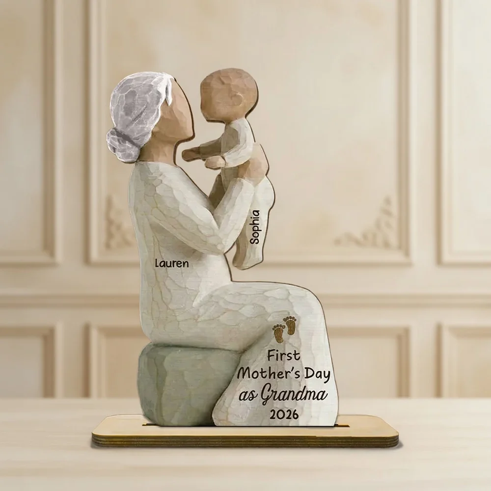 2-Layer Wooden Plaque Custom Grandma and Baby Figurine, Sweet Family Keepsake Decor, Heartfelt Gift for Grandma