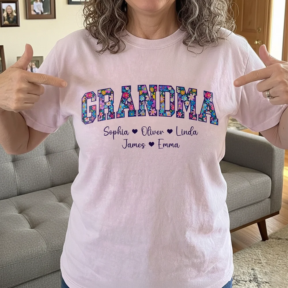 Personalized Floral Grandma Classic Tee with Custom Names, Bright Vintage-Style Lettering, Unique Gift for Grandma - Image 2