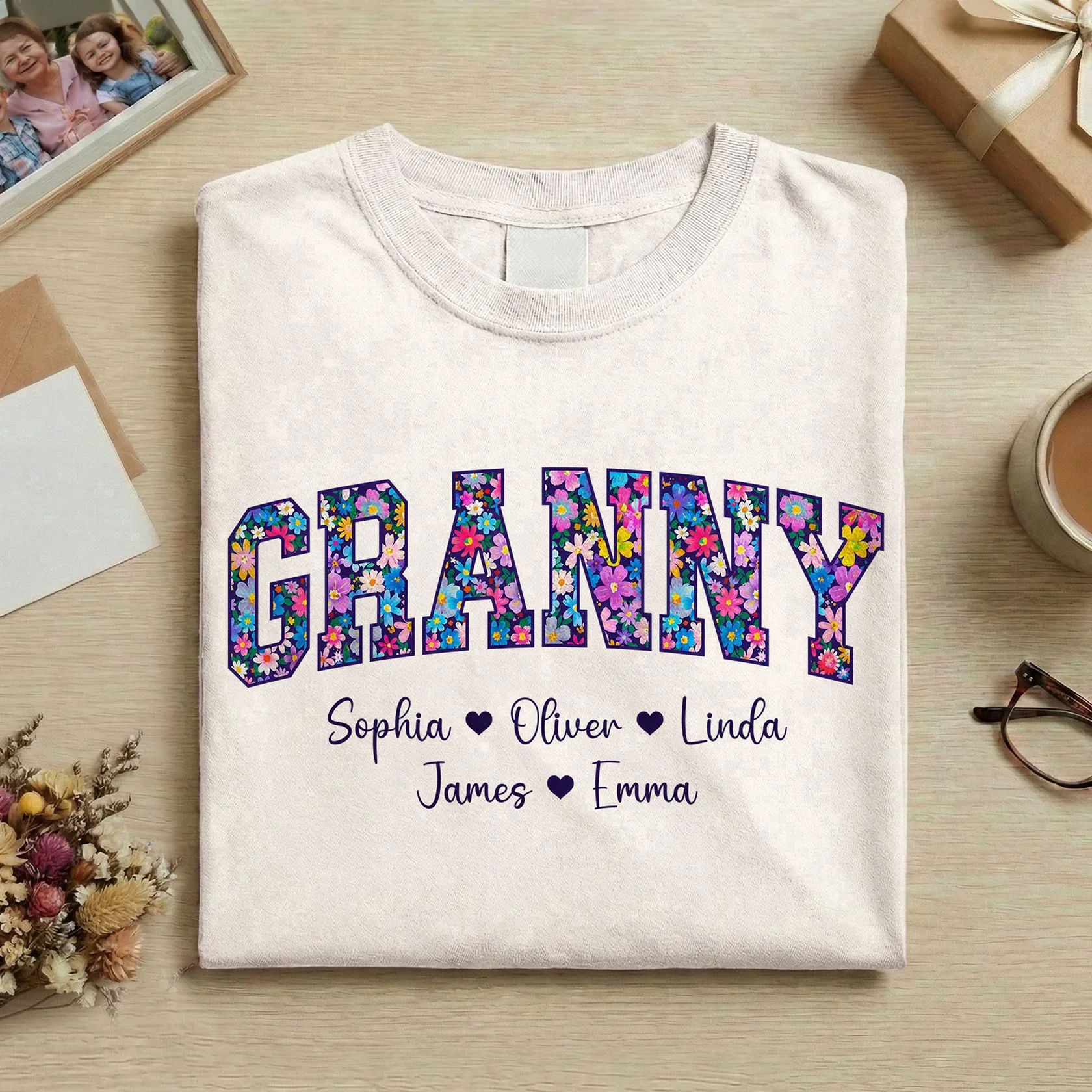 Personalized Floral Grandma Classic Tee with Custom Names, Bright Vintage-Style Lettering, Unique Gift for Grandma - Image 3