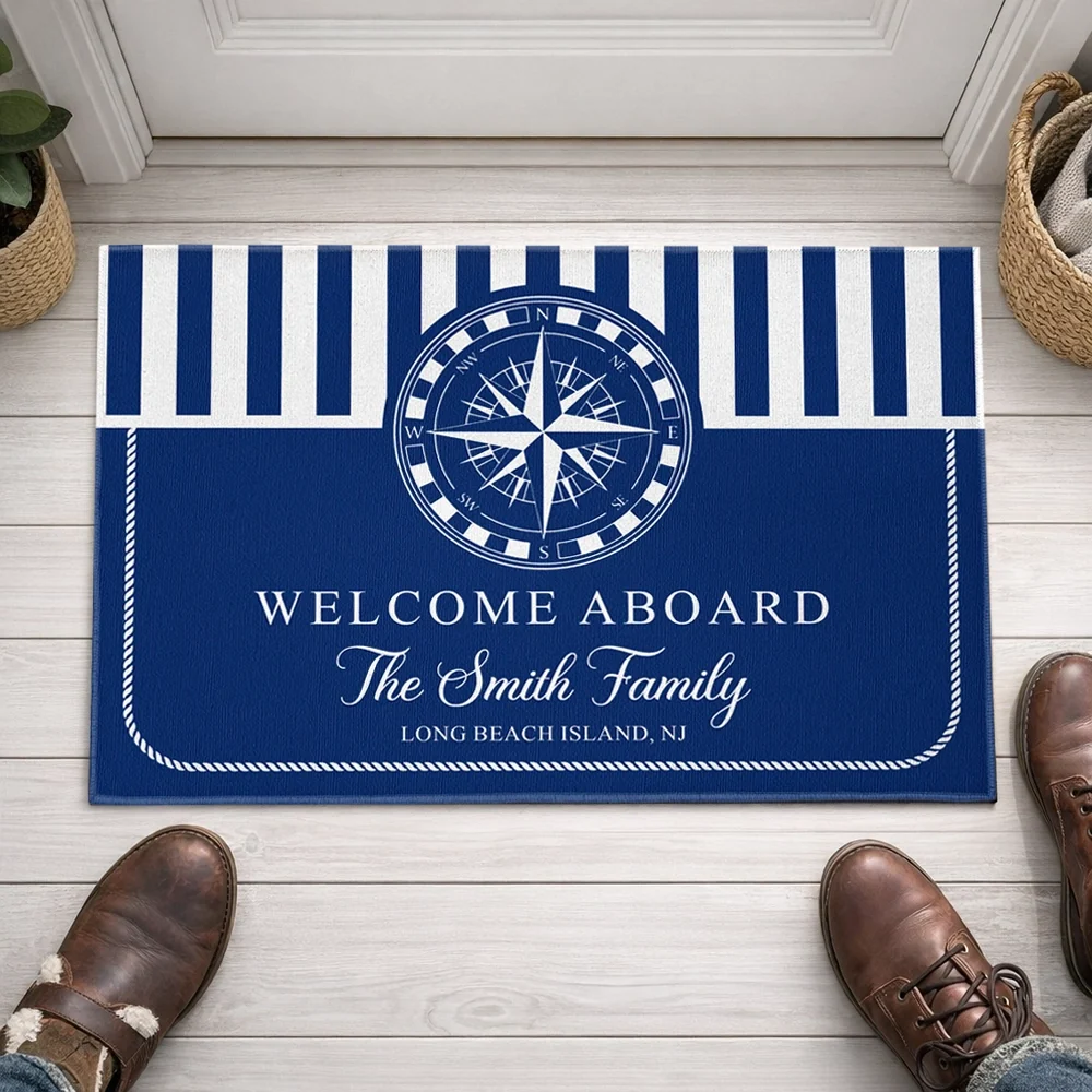 Nautical Welcome Aboard Standard Doormat, Personalized Entryway Decor with Classic Navy Stripes, Unique Gift Idea