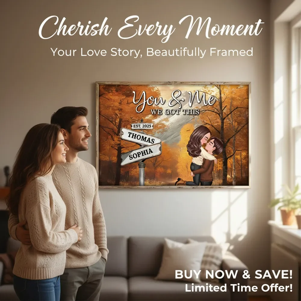 Personalized Couple Kissing at Crossroads Street Sign Poster, Cozy Autumn Wall Art, Unique Gift for Couples - Image 7