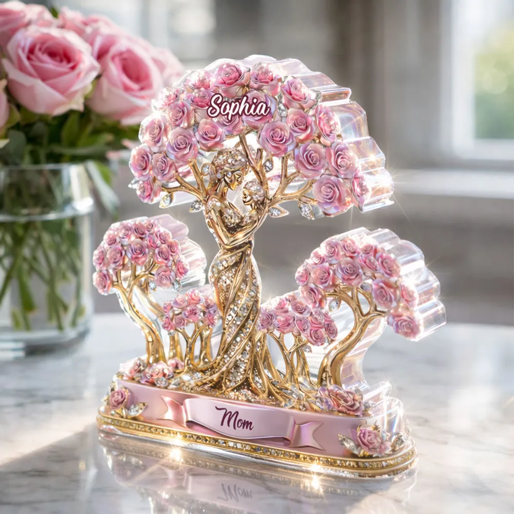 Personalized Shaped Acrylic Block Plaque with Mom and Child Under Rose Trees, Unique Heartfelt Gift for Mom - Image 2