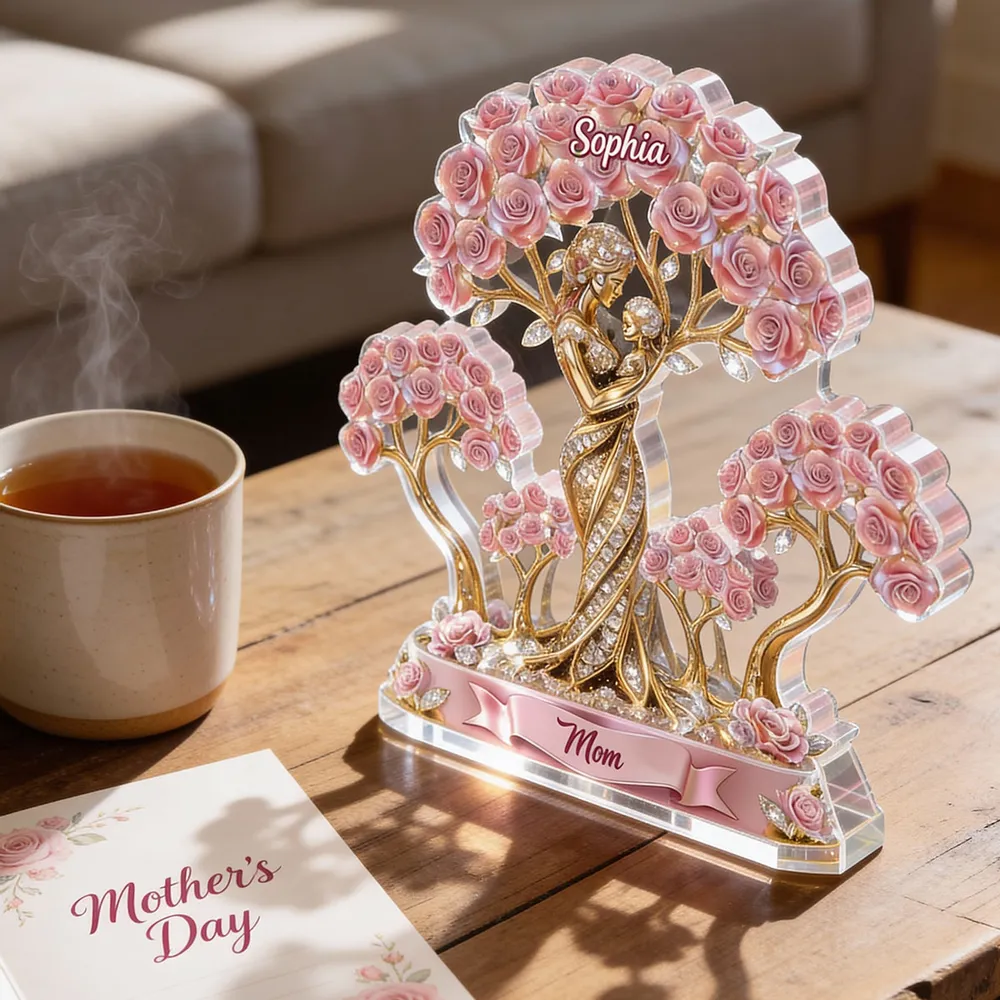 Personalized Shaped Acrylic Block Plaque with Mom and Child Under Rose Trees, Unique Heartfelt Gift for Mom - Image 3