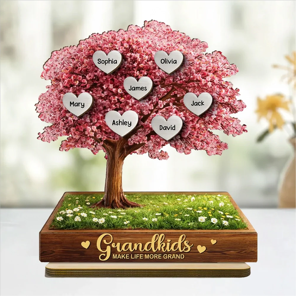 Personalized 2-Layer Wooden Plaque Pink Heart Tree for Grandma, Grandkids Make Life More Grand, Unique Family Keepsake Gift