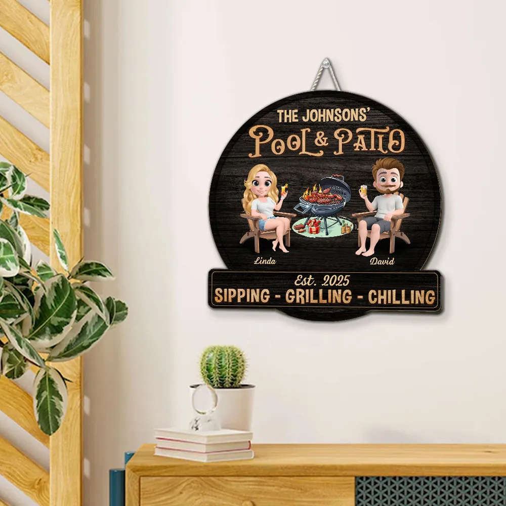 Personalized Pool & Patio Wooden Sign with Cute Couple Cartoon and Grill Scene, Unique Backyard Decor Gift - Image 3