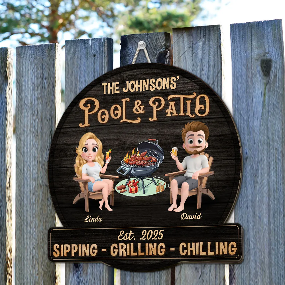 Personalized Pool & Patio Wooden Sign with Cute Couple Cartoon and Grill Scene, Unique Backyard Decor Gift - Image 5