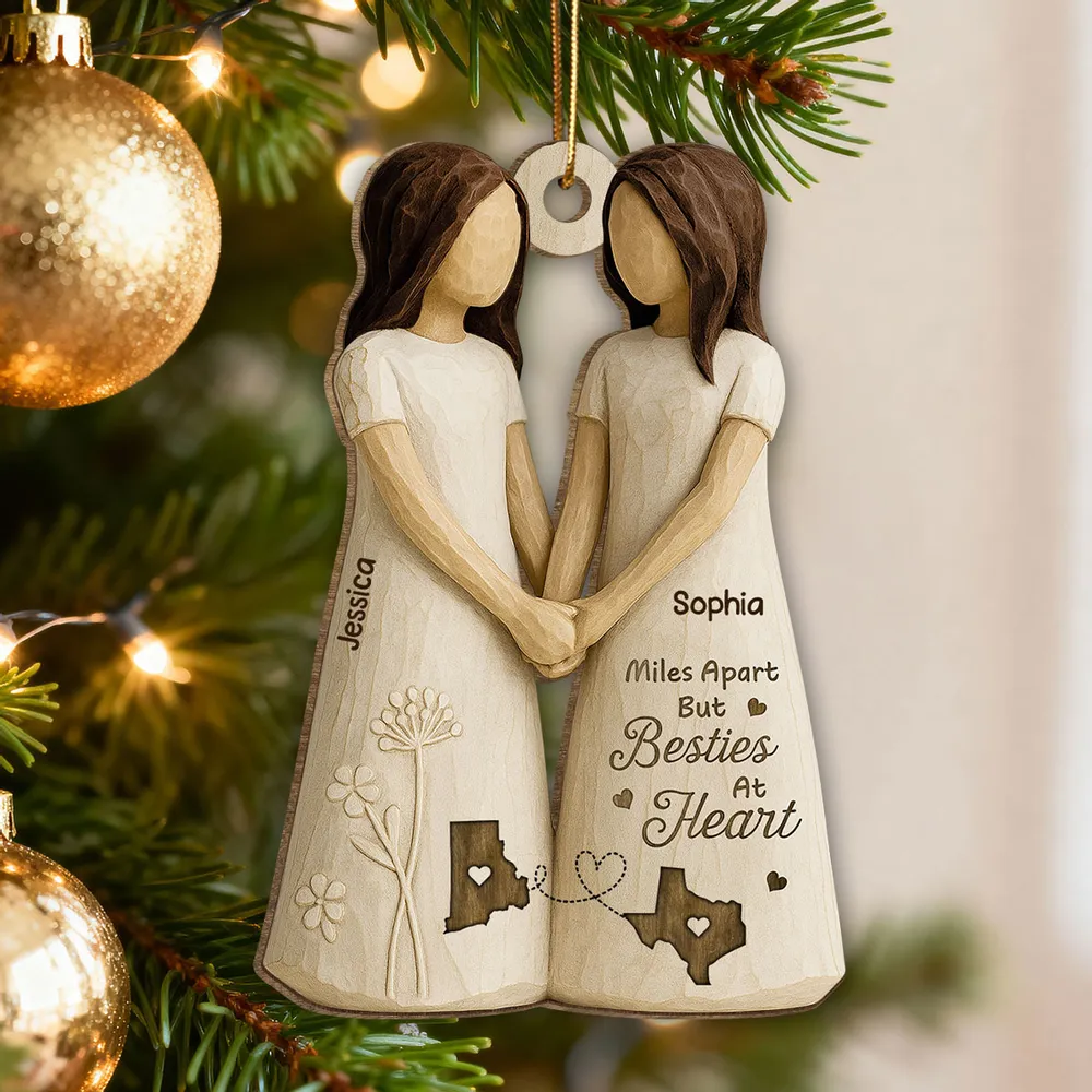 Personalized Wooden Ornament Best Friends Holding Hands, Simple Neutral Decor, Unique Besties Gift for Her - Image 2