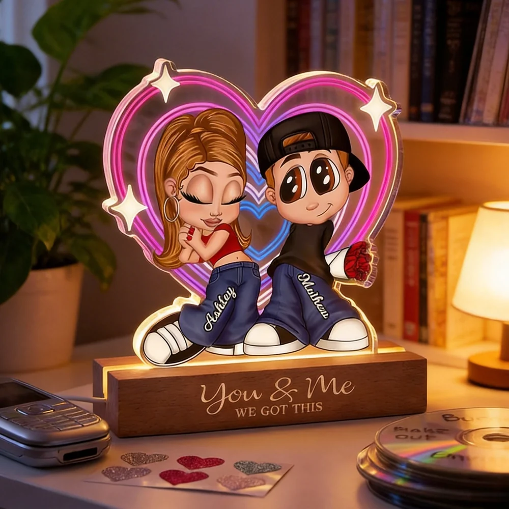 Personalized Shaped Acrylic Block LED Plaque Cute Cartoon Couple in Heart Glow Romantic Unique Gift for Girlfriend or Boyfriend
