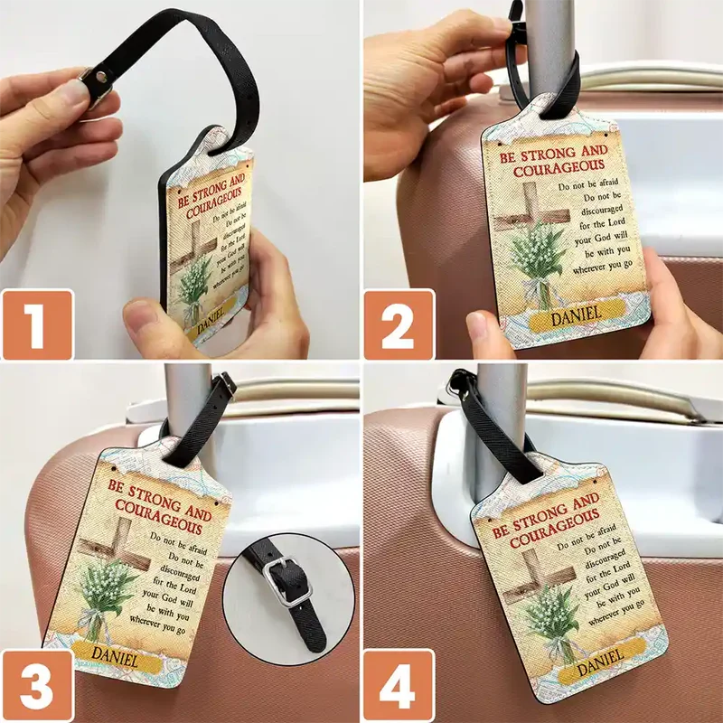 Personalized Leather Luggage Tag with Be Strong And Courageous Quote for Easy Bag ID - Unique Faith Gift for Travelers - Image 5