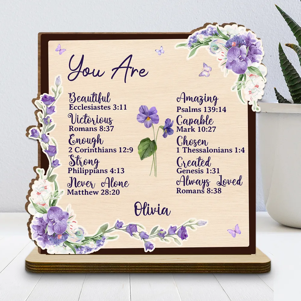 2-Layer Wooden Plaque Personalized with Encouraging Bible Verses and Purple Florals, Heartfelt Gift for Daughter or Friend - Image 2
