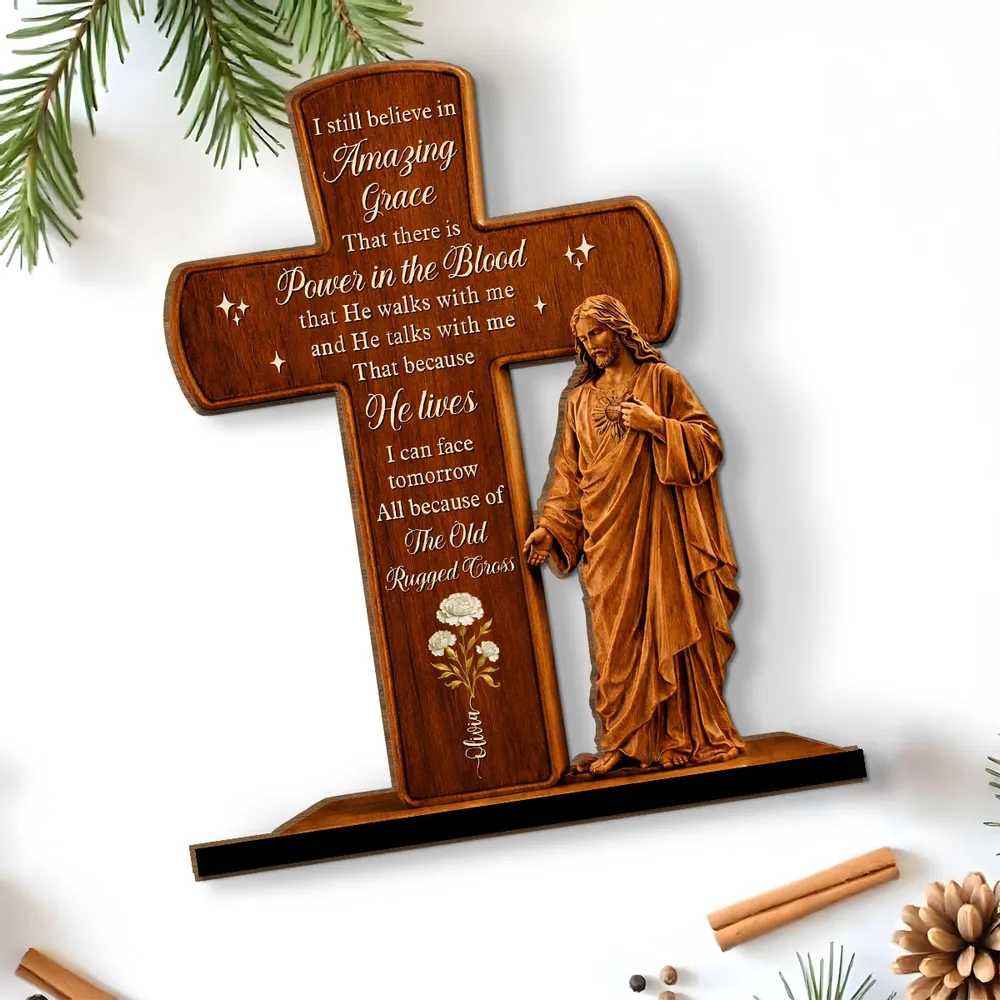 Personalized 2-Layer Wooden Plaque Cross and Jesus Design for Home Display, Amazing Grace Inspired, Unique Faith Gift - Image 2