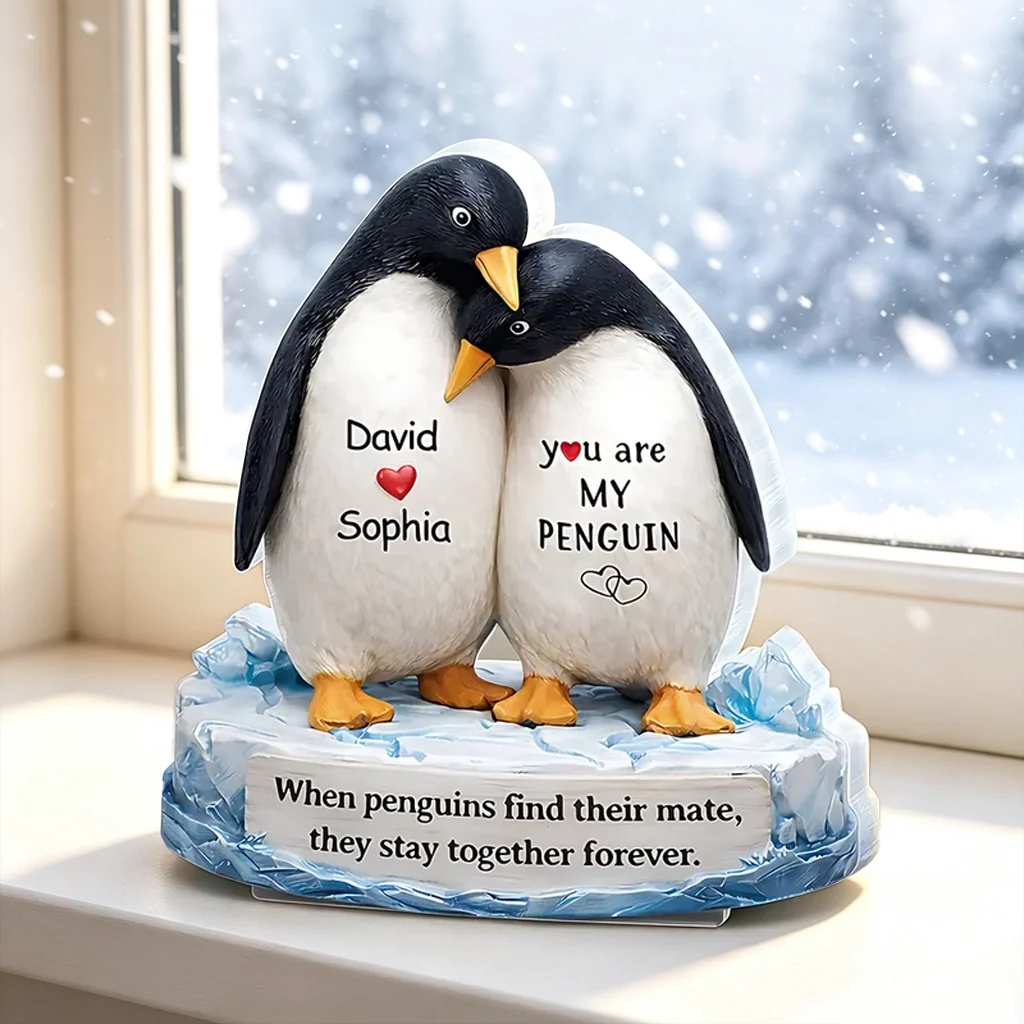 You Are My Penguin 2-Layer Wooden Plaque, Custom Names Couple Keepsake for Bedroom or Living Room, Sweet Gift for Couples