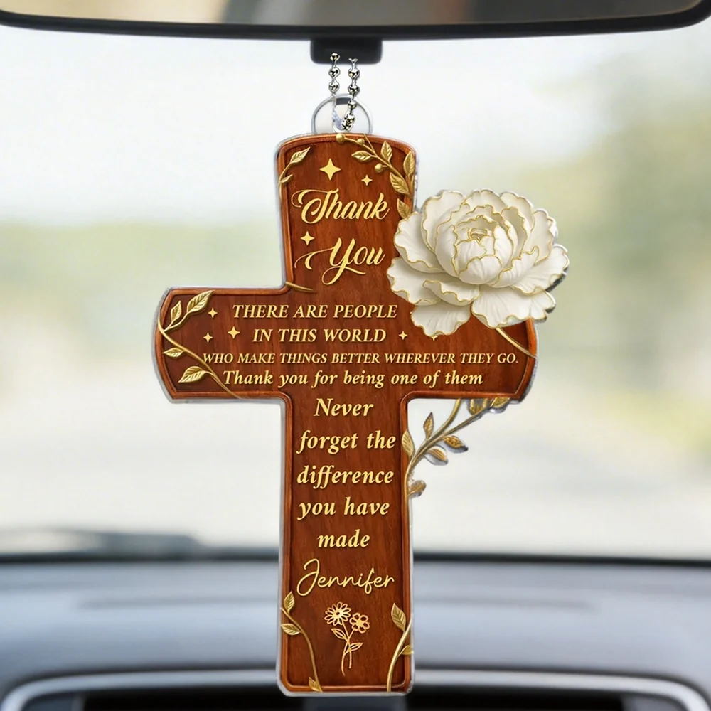 Acrylic Car Hanger Gratitude Cross With Flowers, Personalized Thank You Keepsake, Unique Appreciation Gift
