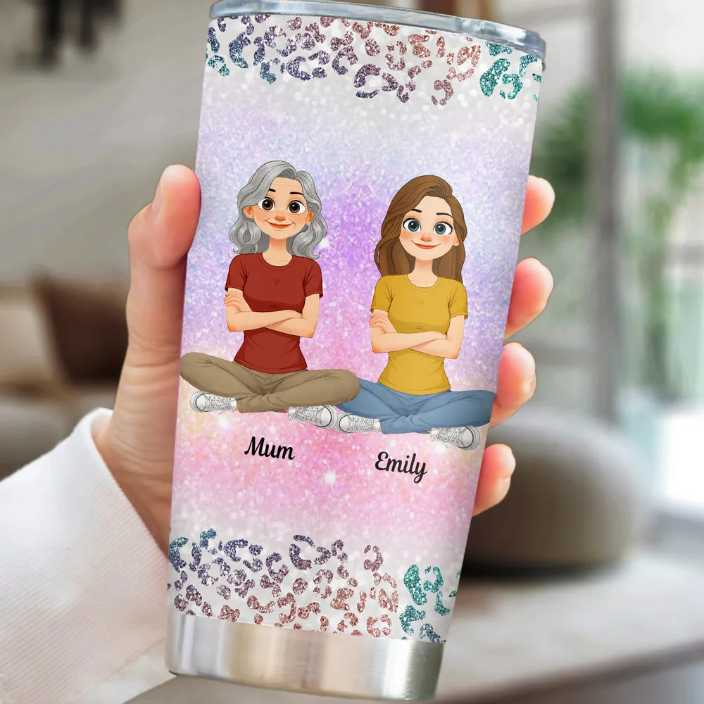 Personalized Insulated Travel Tumbler with Cute Cartoon Mom and Daughter - Unique Gift for Her, Bright Leopard Glitter Style - Image 2